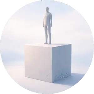 Illustration einer einzelnen Person, die ruhig auf einer stabilen Säule steht – Symbol für festen Boden und innere Stabilität.