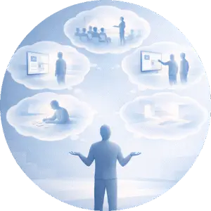 Minimalistische 3D-Illustration im Applied-Recovery-Stil: Eine offene Silhouette steht mit erhobenen Händen in einem ruhigen blauen Raum. Darüber schweben fünf Gedankenwolken mit Szenen zu digitalem Lernen, Coaching, Schreiben und Ordnen, offenen Möglichkeiten sowie Fachvorträgen und Seminaren.