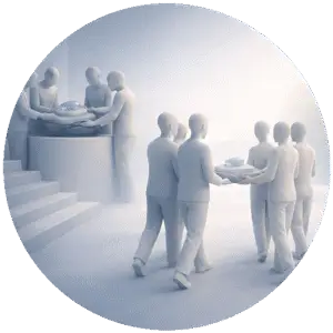 In einer zusammenhängenden minimalistischen Szene prüfen links mehrere gesichtslose Silhouetten ein abstraktes Objekt, in der Mitte wird es ruhig übergeben, und rechts tragen weitere Silhouetten es gemeinsam in Richtung eines hellen Horizonts.
