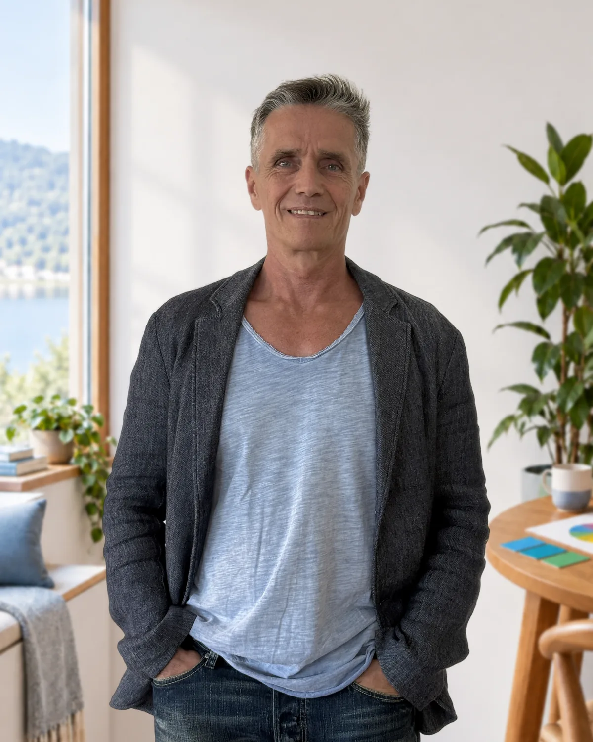 Ron Jansen im dunklen Leinensakko, Hände in den Taschen, lächelt in einem hellen Gesprächsraum mit Fenster zum See; daneben ein Holztisch mit Ring-Blatt und Karten.