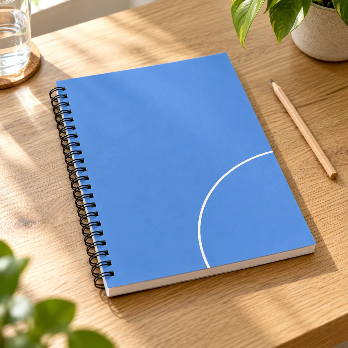 Arbeitsbuch mit blauem Umschlag und Spiralbindung auf einem hellen Holztisch