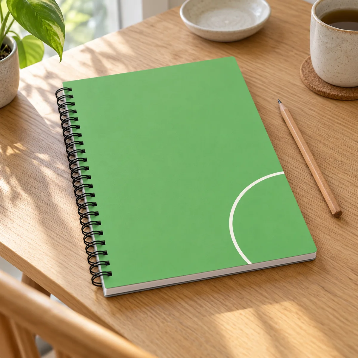 Arbeitsbuch mit grünem Umschlag und Spiralbindung auf einem hellen Holztisch