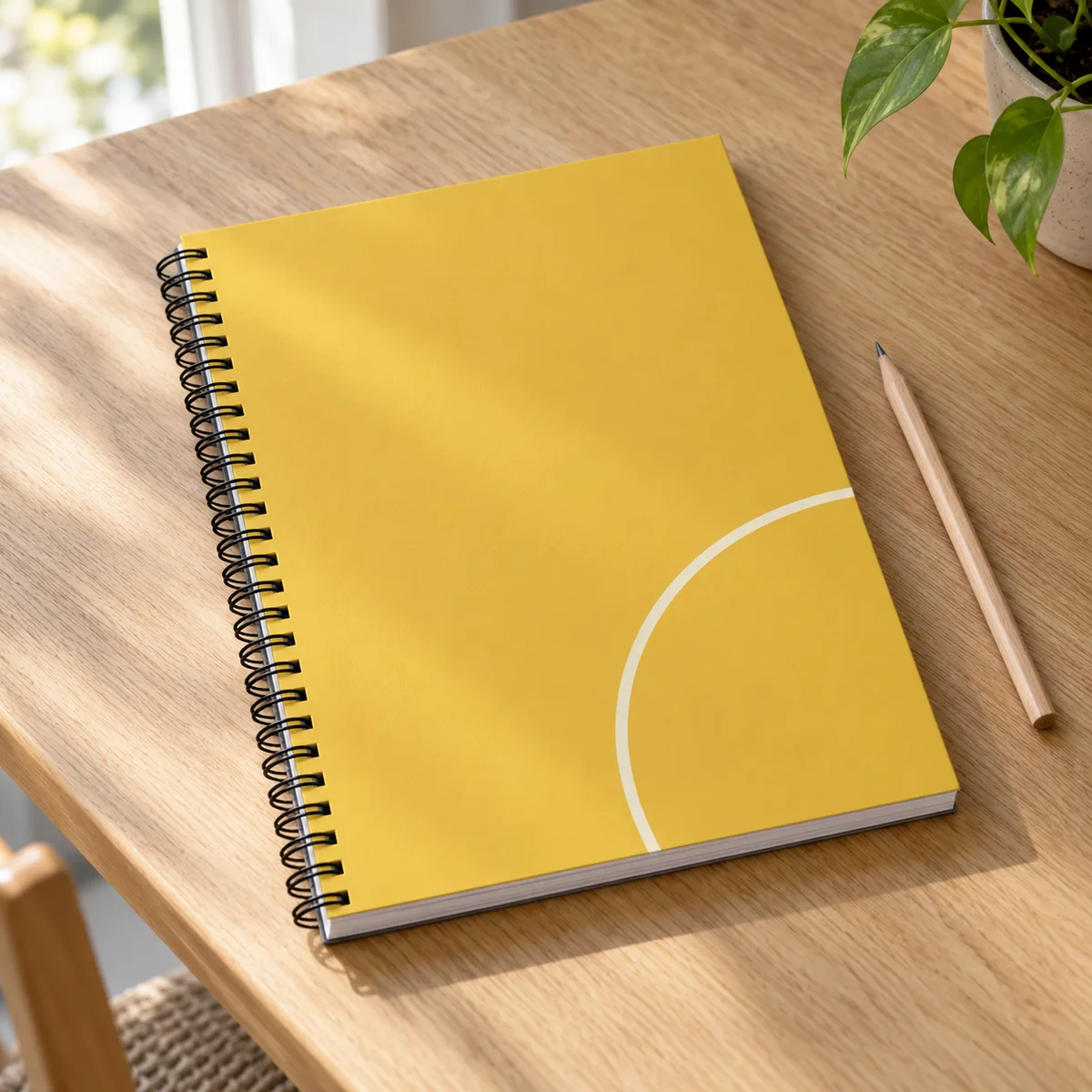 Arbeitsbuch mit gelbem Umschlag und Spiralbindung auf einem hellen Holztisch