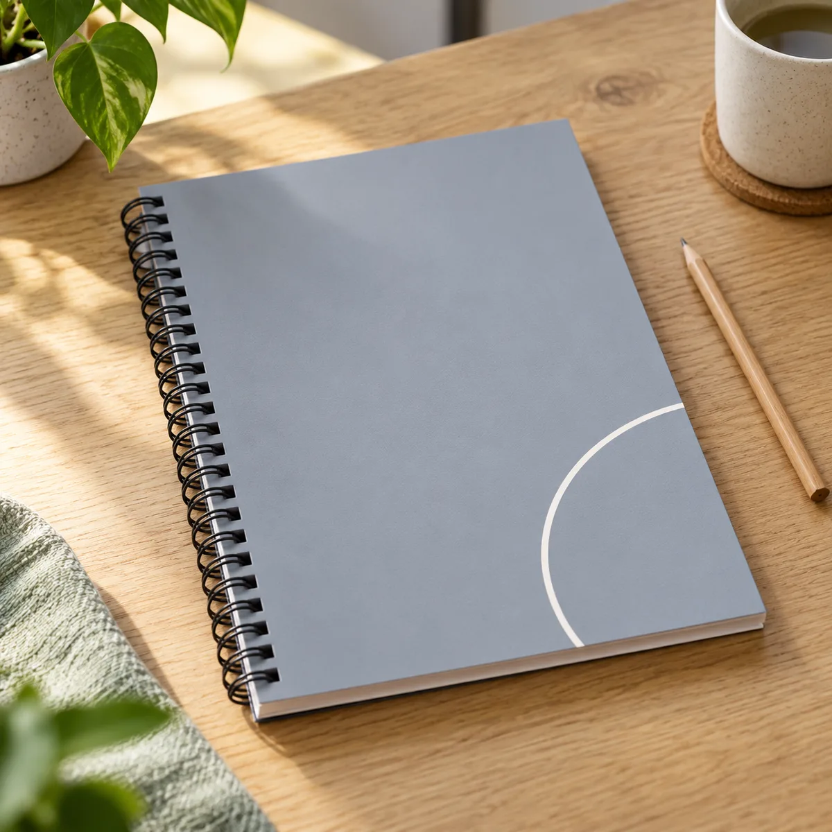 Arbeitsbuch mit grauem Umschlag und Spiralbindung auf einem hellen Holztisch