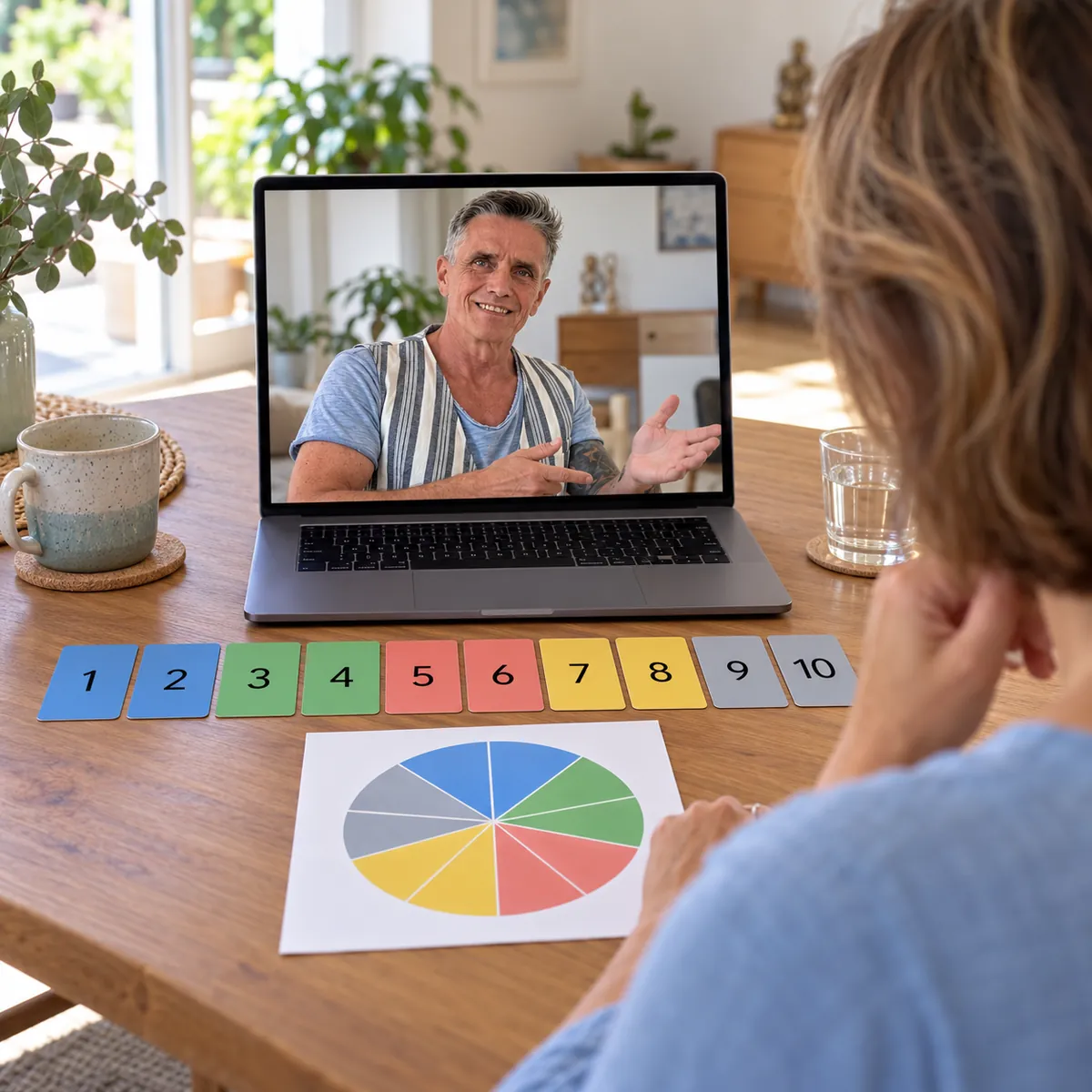 Blick über die Schulter auf einen Videoanruf mit Ron Jansen; vor dem Laptop zehn Karten und das Ring-Blatt.