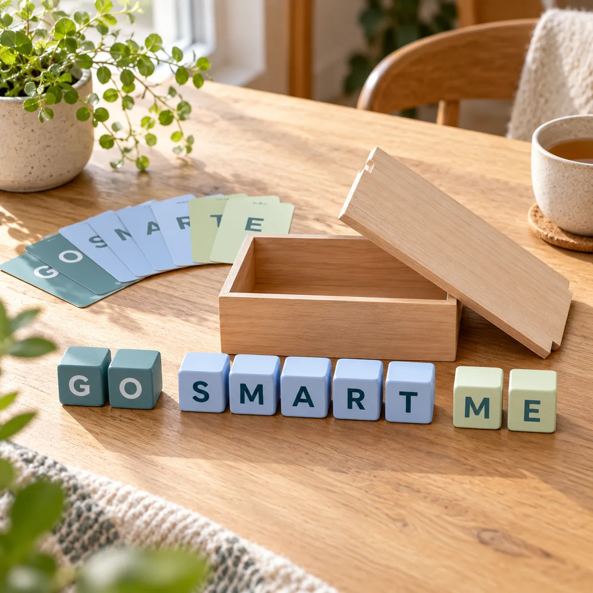 Holzschachtel mit neun Würfeln GO SMART ME und Fragekarten