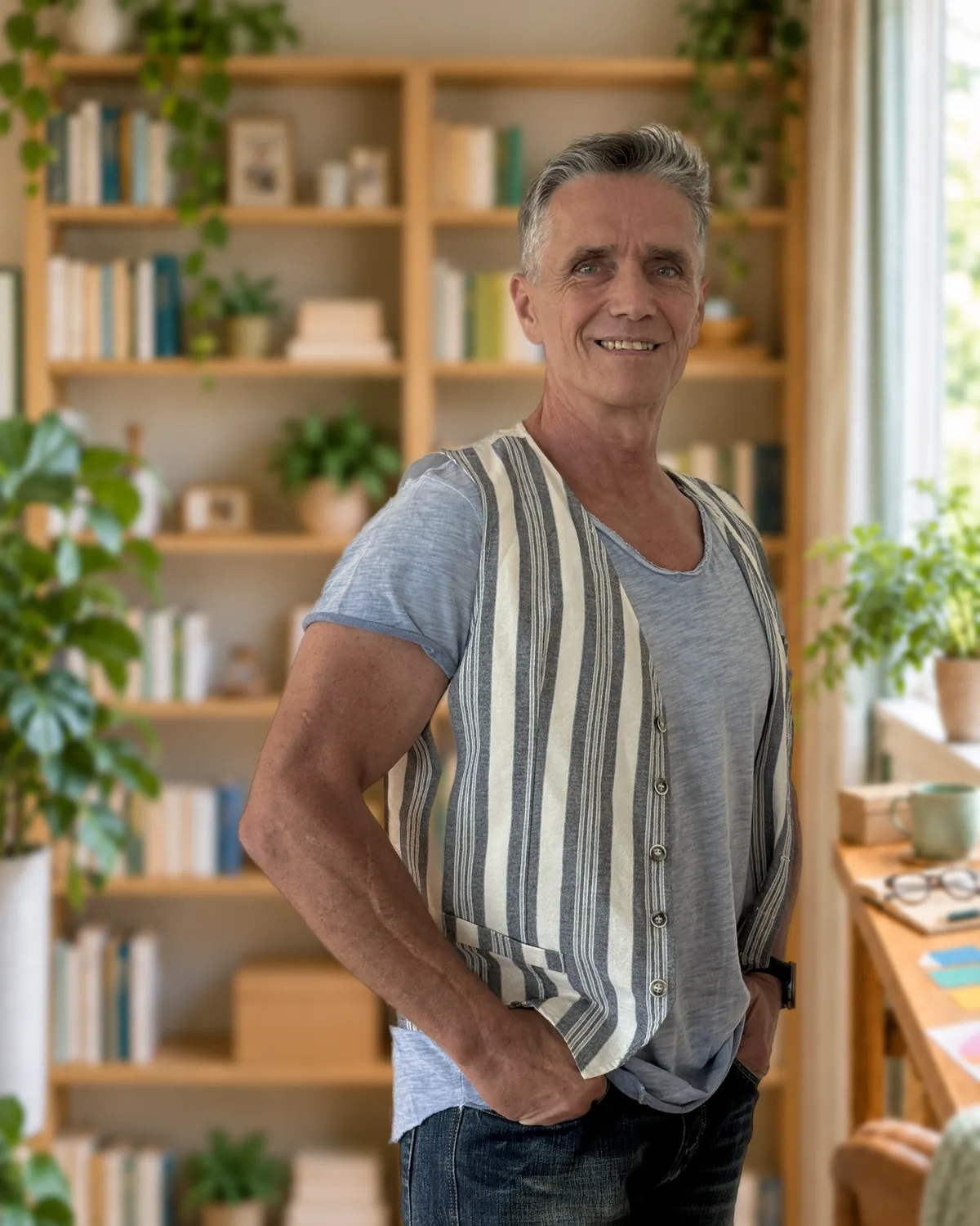 Ron Jansen in gestreifter Weste, leicht seitlich, lächelt in einem hellen Arbeitszimmer vor Bücherregalen und Pflanzen.